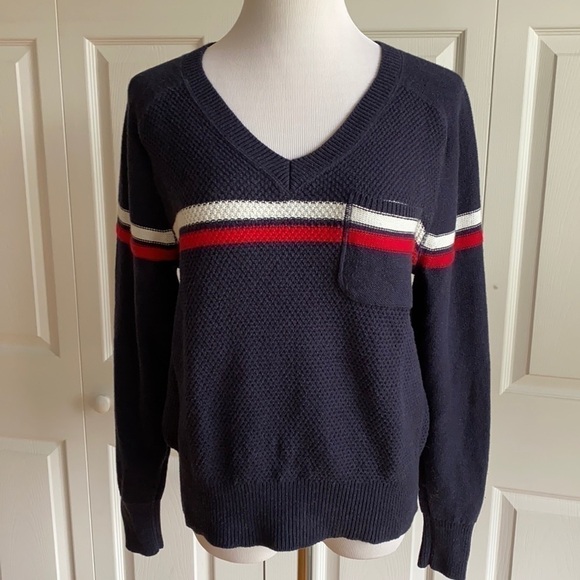 Margaret O'Leary Sweaters - Margaret O'Leary Red/White/Blue V-neck Sweater with Pocket Size Large
